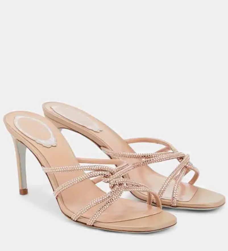 Designers Women Jewel Sandal Renes utsmyckade Satin Suede Leather Mules Sandal Slide Heel äkta lädersliv Sole Summer Crystals Pumps Slip On Size35-43