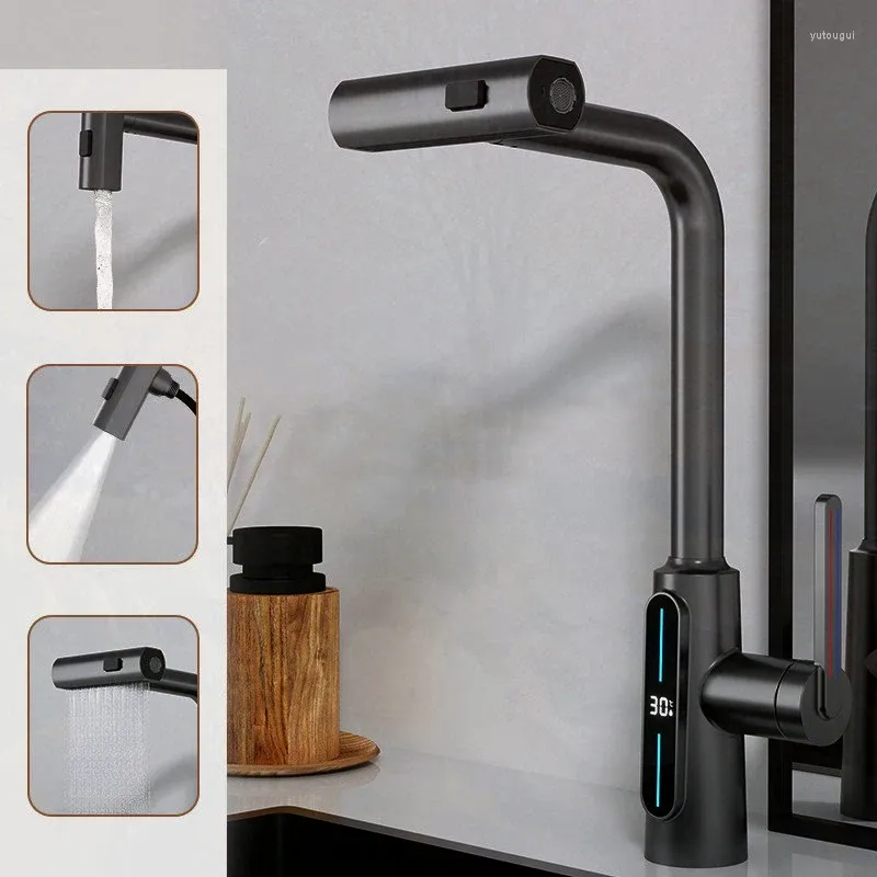 Rubinetti della cucina Temperatura della cascata Display digitale Rubinetto estraibile 3 modalità Spruzzatore di flusso Miscelatore lavello acqua fredda per