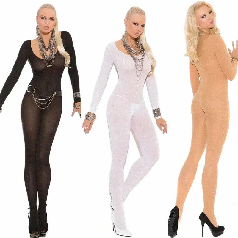 Crotchl Sheer Bodystocking Full Body Collants Ultra-mince Transparent Lg-manches Ouvert Entrejambe Sangle Collants Lingerie Teddy b6Tu #