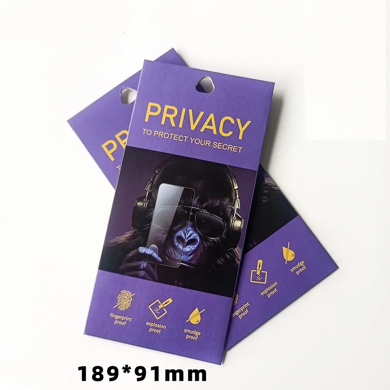 Universal Purple Retail Paper Package Bag Box för smart telefon Intempererad Glass Anti Spy Screen Protector Paper PASSS