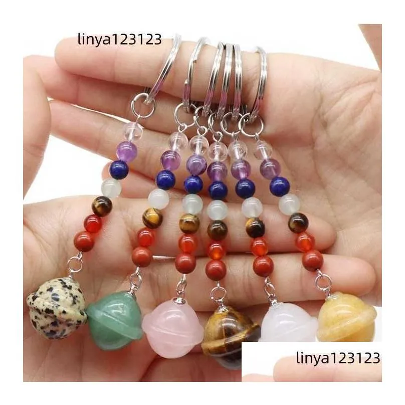 Key Rings Planets Statue 7 Chakra Beads Chains Stone Carved Charms Keychains Healing Crystal Keyrings For Women Men Christmas Gift Dr Dhiho