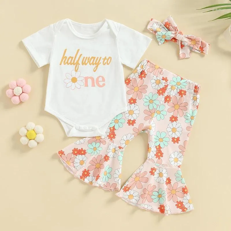 Kleidungssets Kleinkind Baby Mädchen Geburtstag Outfit Süße Eins Zwei Drei Bodysuit Hemd Top Blumen Flare Hose Stirnband Party Kleidung