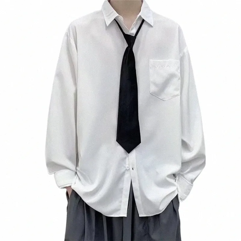 Chemises blanches solides avec cravate pour hommes, surdimensionnées à manches Lg, Cardigan décontracté, chemisiers unisexes pour tous les jours, hauts assortis, E2a7 #