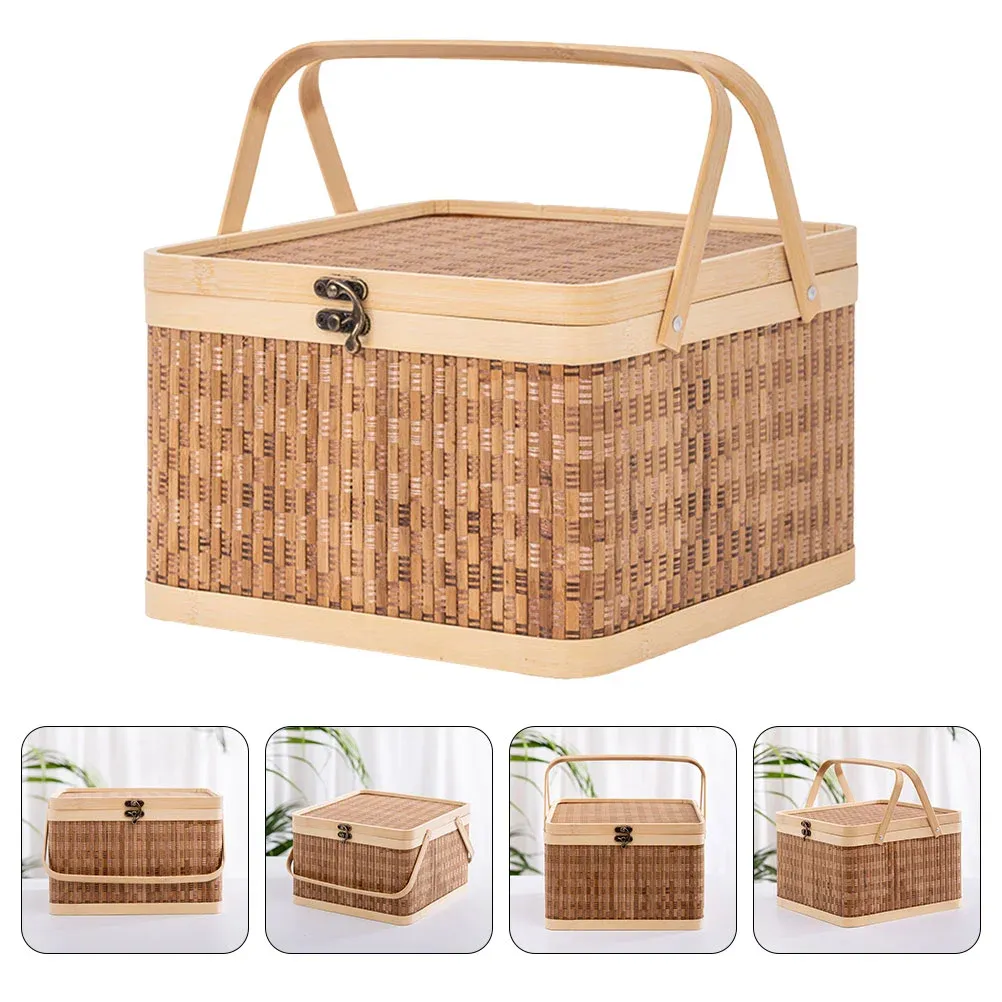 Baskets Egg Storage Basket Household Bamboo Woven Hamper Lid Natural Baskets Lidded Small