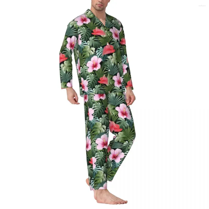 Inicio Ropa Pijamas Ropa de dormir para hombre con flores rosas y rojas, conjuntos de pijamas holgados de dos piezas con estampado de hojas de palma, traje de gran tamaño moderno de manga larga