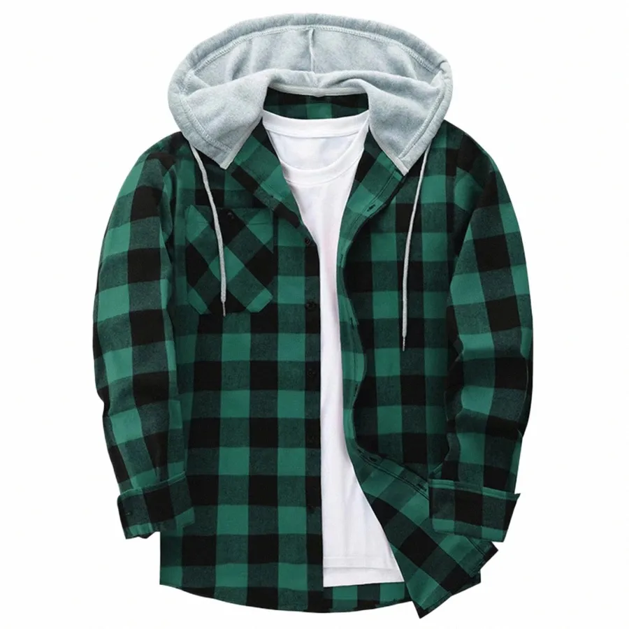 Lente Herfst Plaid Hoodie Shirt Mannen Lg Mouw Casual Streetwear Patchwork Losse Kleding Butt Trekkoord Vintage Shirts Man Y8Te #