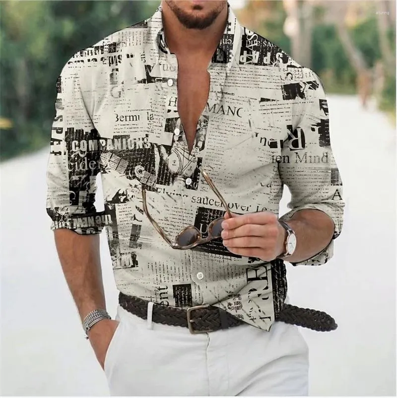 メンズカジュアルシャツ - 販売テキストアート印刷されたシャツ屋外ラペルボタン長いスリーブファッショナブルなトップトップ快適で柔らかい生地
