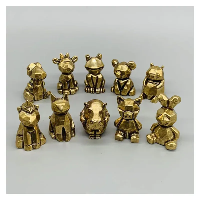 Skulpturer Mini Creative Brass Animal Statue Vintage Miniature Geometry Frog Hippo Home Office Desk Decoration Ornament Funny Toy Gift