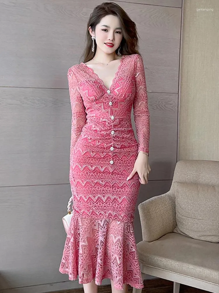 Casual Dresses Spring Elegant Fairy Maxi For Women Pink Sheer Lace Embroidery Shiny Silk Diamond Long Sleeve Mermaid Robe Party Vestido