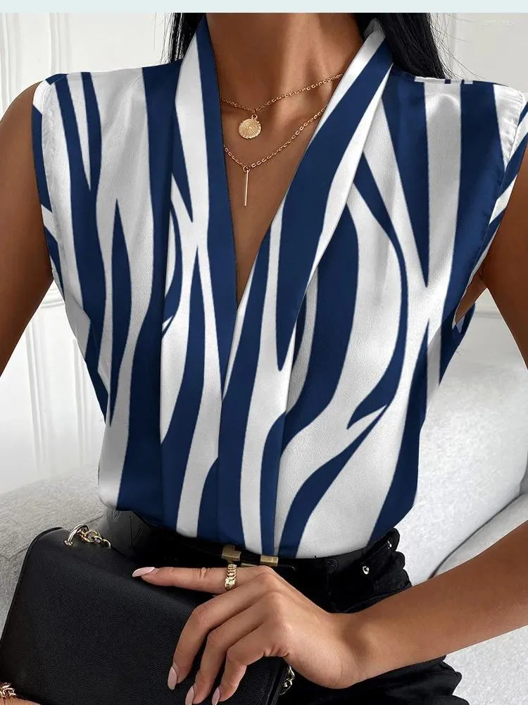 Blusas femininas com decote em v sem mangas padrão impressão superior diário casual camisa elegante festa verão moda 2024