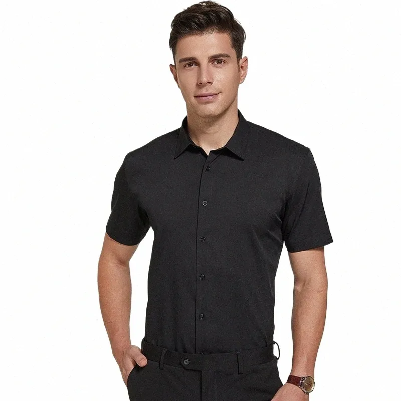 Fiable masculino de manga curta cor sólida formal pocketl padrão ajuste fibra de bambu macio fino ajuste versátil camisa casual b2U3 #