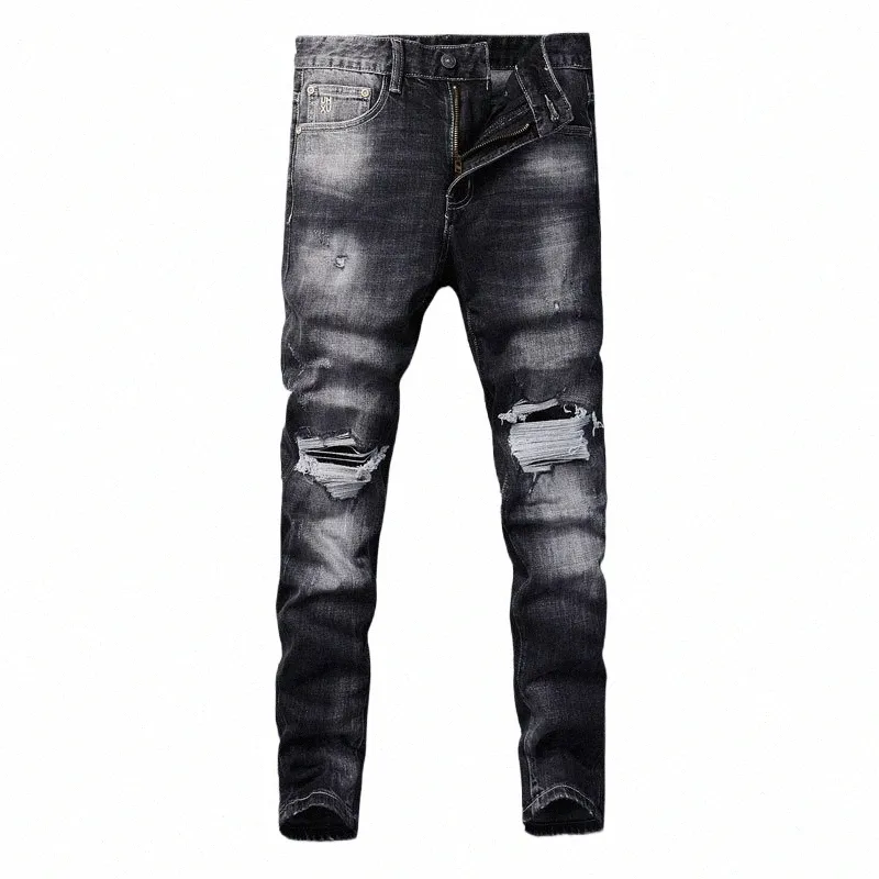 nouvellement Designer Fi Hommes Jeans Rétro Noir Gris Stretch Slim Fit Vintage Ripped Jeans Hommes Patché Designer Hip Hop Denim Pantalon E7VQ #