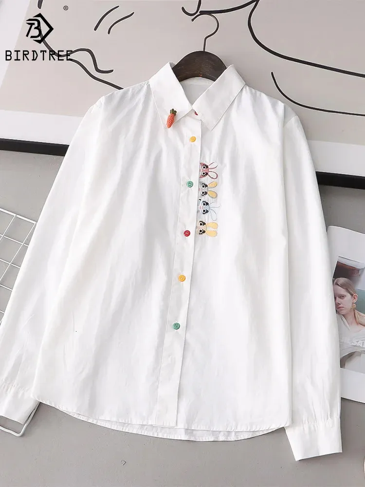 Spring Cotton White Shirts Female Cute Embroidery Rabbit Tops Turn Down Collar Button Long Sleeve Straight Blouse T35438M 240328