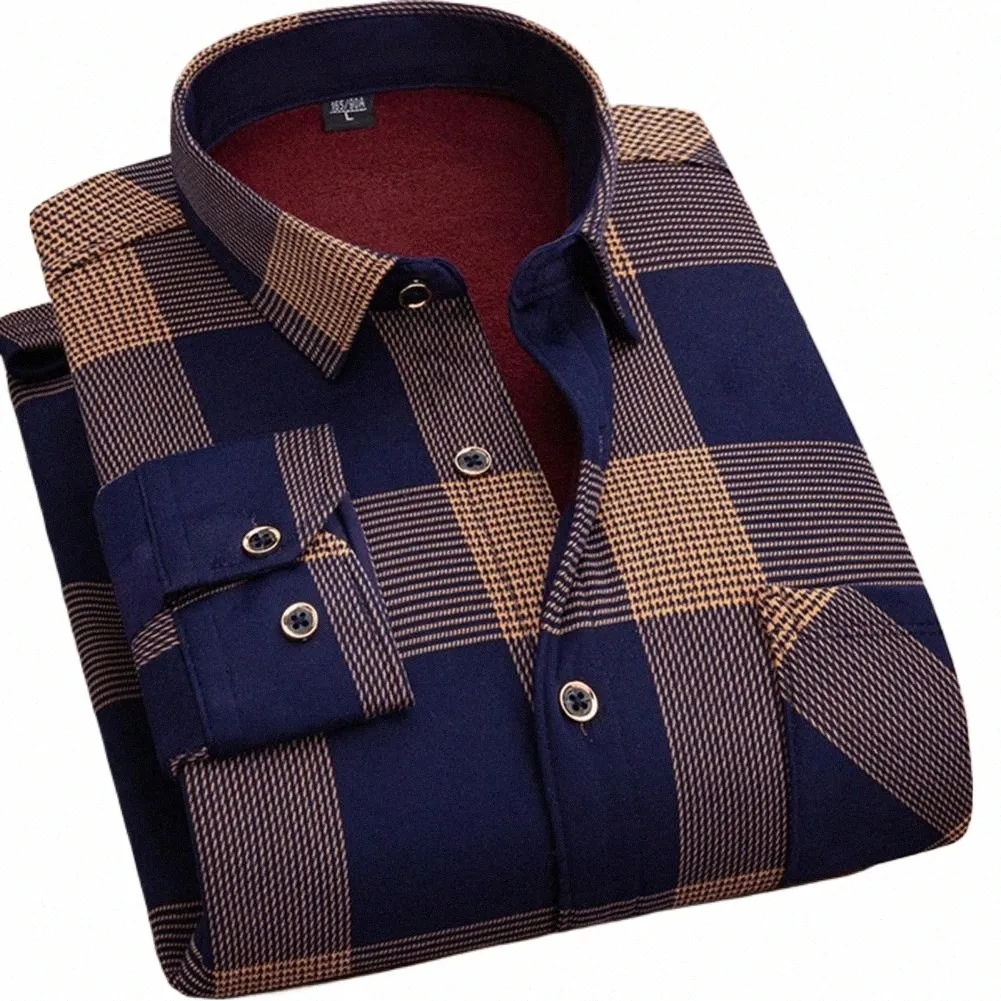men Spring Fall Shirt Formal Busin Style Thick Plush Plaid Print Shirt Top Vintage Soft Cardigan Plus Size Mid-aged Men Top c2JJ#