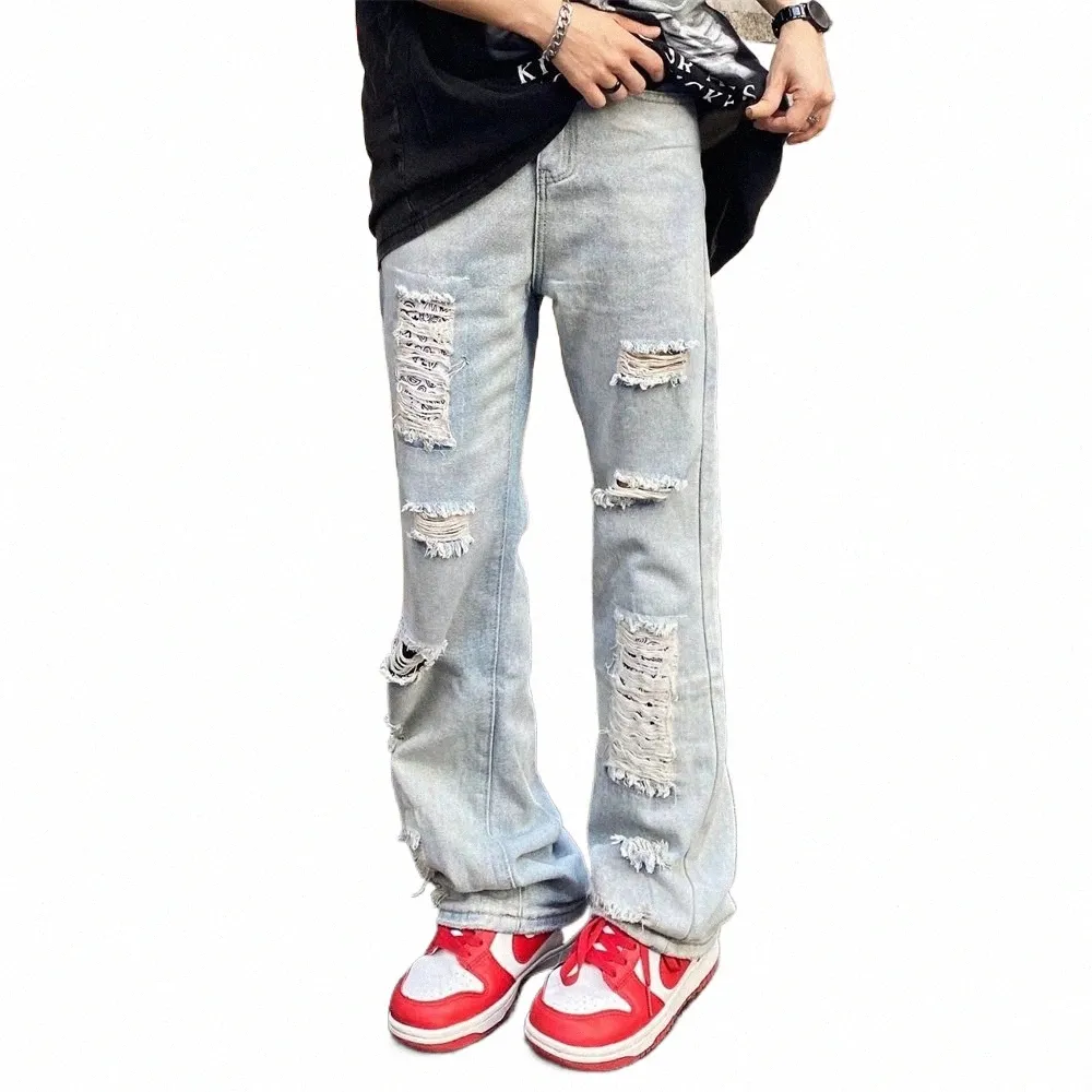 Y2K Vintage Streetwear coréen Fi déchiré Baggy pantalon hommes Hip Hop large jambe jean pour hommes Denim pantalon bleu mâle vêtements G1eD #