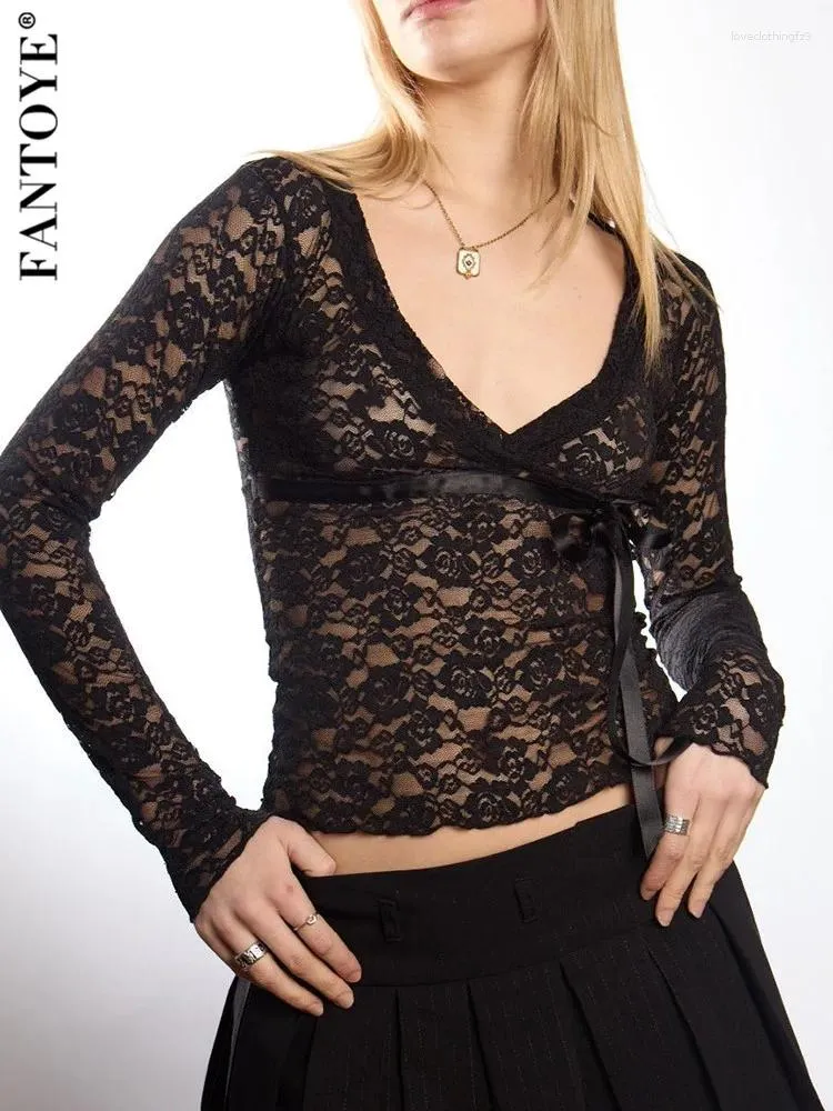 Women's T Shirts Fantoye Sexy See Through Lace Women T-shirt Black Deep V-neck Long Sleeve Y2k Tops Spring Skinny Casual Elegant Clothing