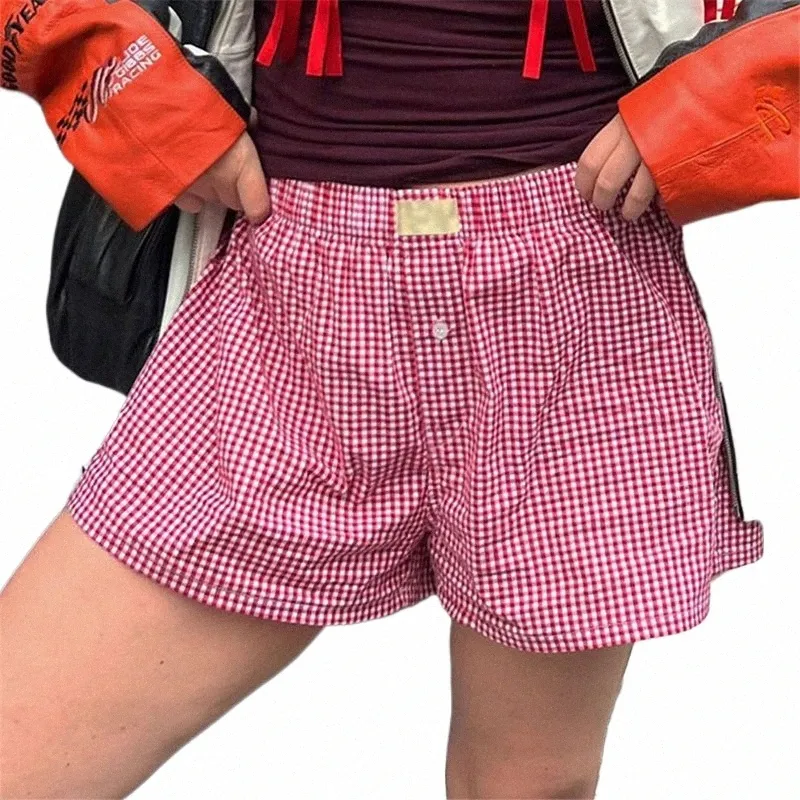 women's Y2k Pajamas Shorts Cute Plaid Pj Short Pants Flannel Lounge Sleep Shorts Bottoms Elastic Waist Baggy Boxers Tracksuit v3wI#