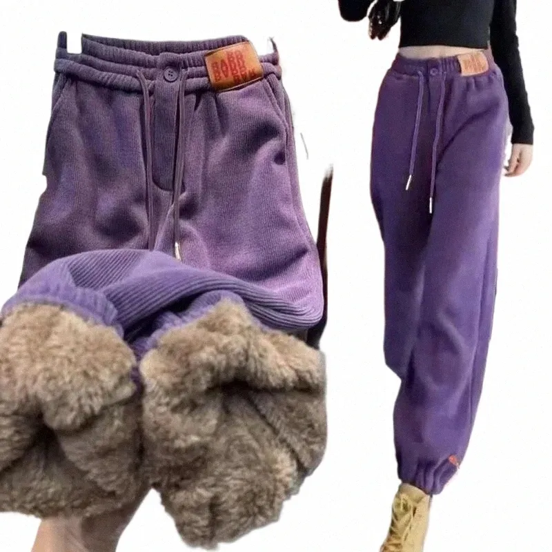 Solide Casual Épaissir Femmes Corduroy Pantalon Agneau Polaire Rembourré Cmere Chaud Pantalon De Survêtement Femme Taille Élastique Pantalon De Fourrure Douce U1yJ #