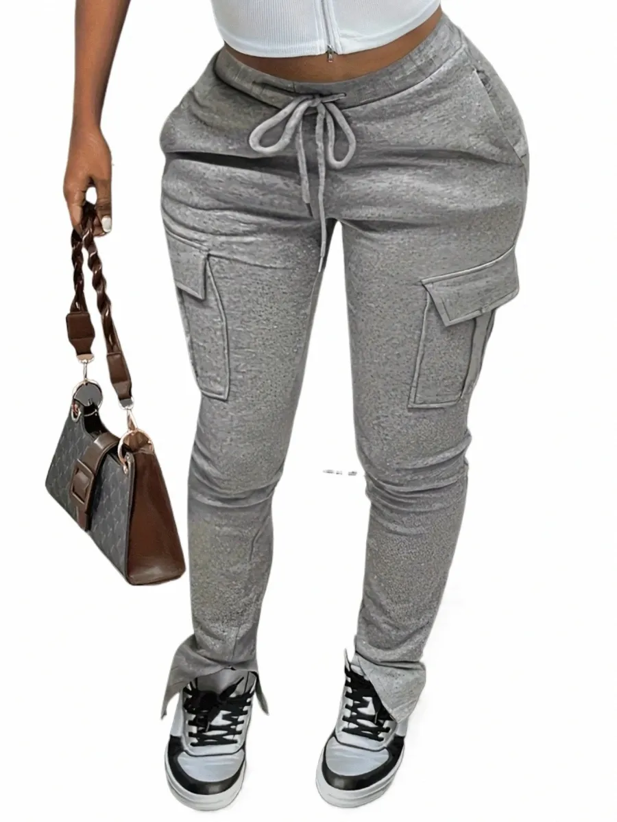 LW Plus Size Side Pocket Drawstring Pants Women Autumn Winter Sweat Mid midja Sidan Split byxor Sporty Casual Daily Bottoms K2iy#