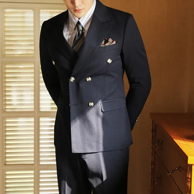 High Sense Mens Double Breasted Suit: Two-Tone Texture, Slim