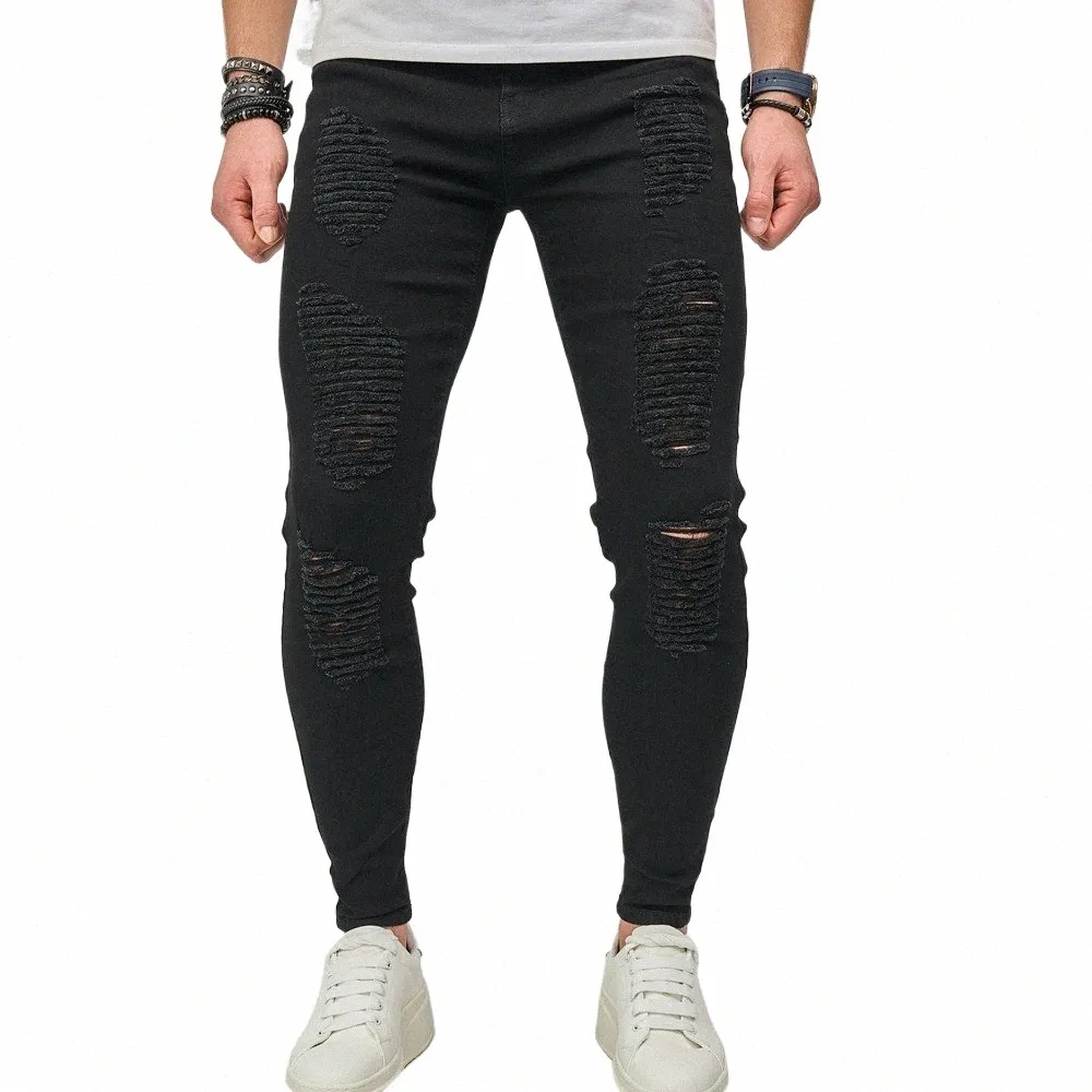 fi New Streetwear Men Stylish Ripped Design Skinny Pencil Jeans Pants Hip Hop Holes Stretch Cott Male Denim Trousers O2n5#