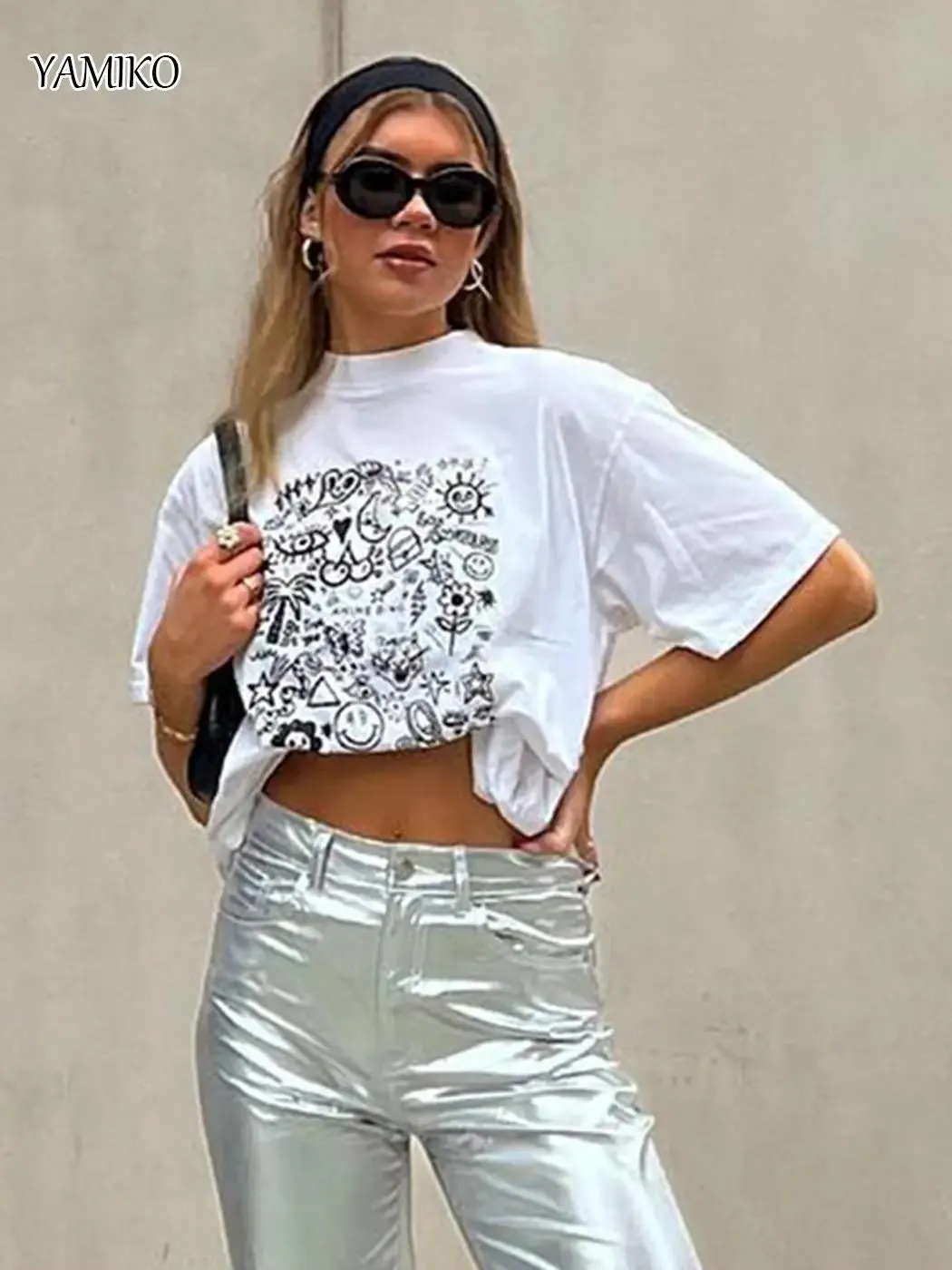 Chic Letters Graphics T -Shirt Frauen Oneck Kurzarm weiße Sommerhemd Tops High Streetwear Tees Casual Woman Pullovers 240313