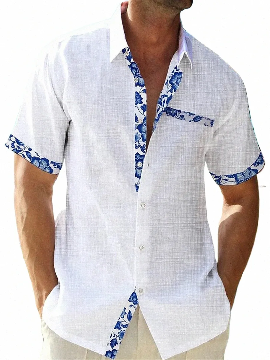 FI Hawajska lniana koszula męska męska solidna kolorowa koszula na plaży krótkie rękawy plus 5xl Nowe 5 kolorów. S6kp#
