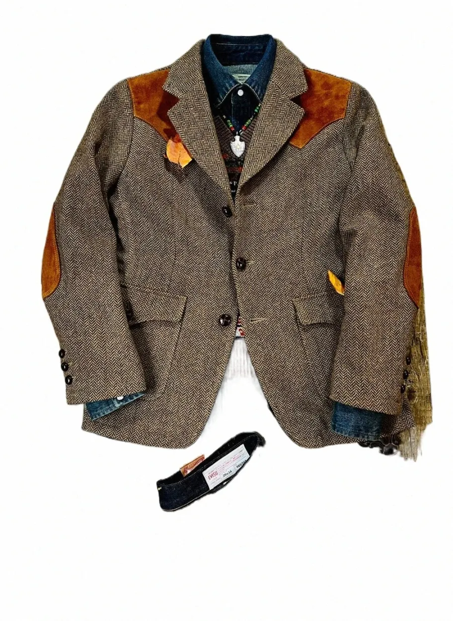 Men's Vintage Herringbone Tweed Blazers British Wool Blend Sport Coat Jacket Pockets Casual Suit Brown At Men's Clothing Store