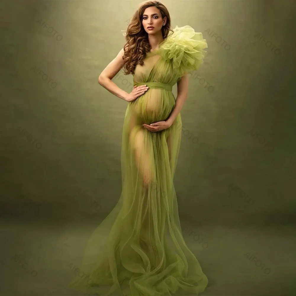 Sexy One Shoulder Maternity Maternity photoshoot dress with Tulle, High Split, and See-Thru Mesh Ruffles for Poshoots and Photography - Style 240315 Sexy One Shoulder Maternity Maternity photoshoot dress with Tulle, High Split, and See-Thru Mesh Ruffles for Poshoots and Photography - Style 240315