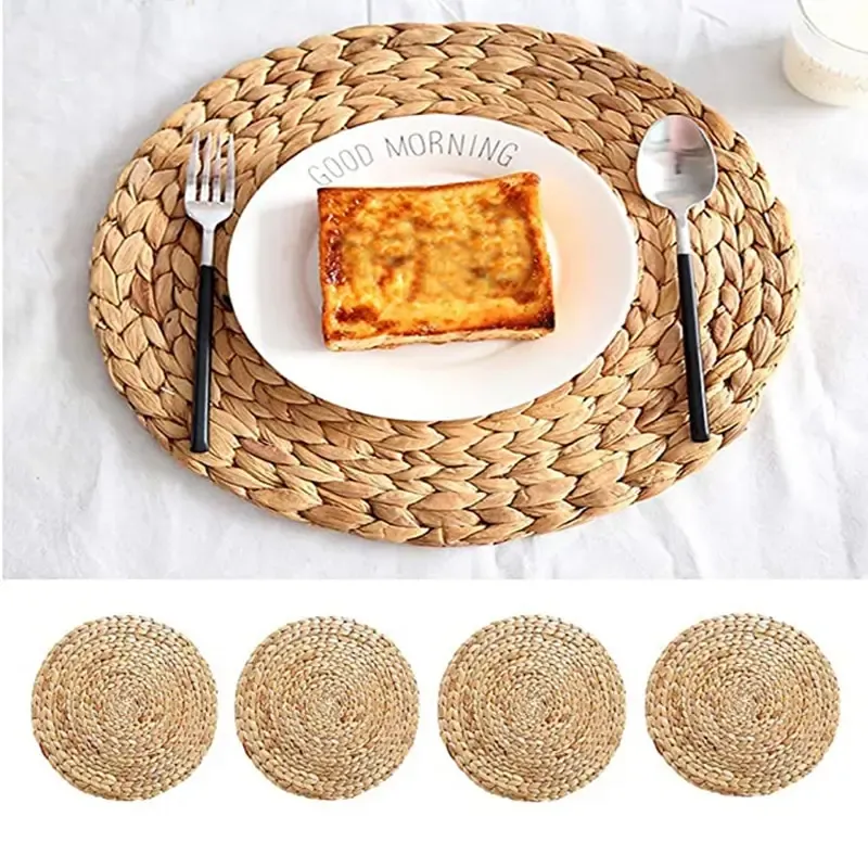 Porta-copos redondos de vime natural, jogos americanos isolantes feitos à mão, enchimento de mesa, tapetes, acessórios de decoração de cozinha