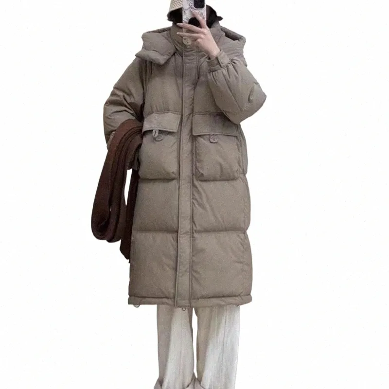 Женский пуховик средней длины, новинка 2023 года, зимняя корейская свободная куртка до колена, женское белое пальто на утином пуху, куртки для хлеба Chaquetas p3z8 #