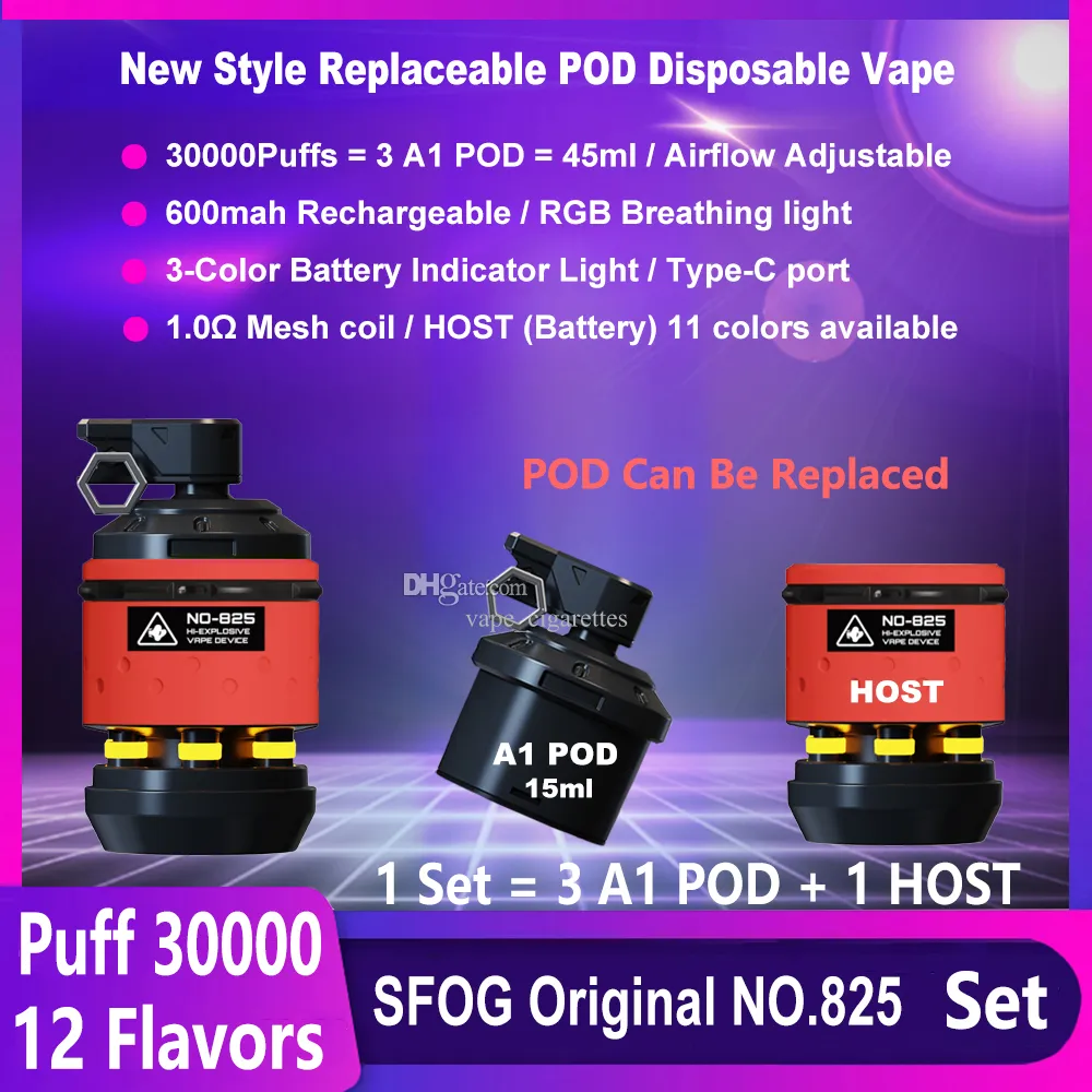 SFOG New Puff 30000 Kit de cigarros eletrônicos descartáveis substituíveis PODA VAPES NO-825 30000 VAPOR DE PURGO 3 A1 POD 45ml Bobina de malha pré-enchida 12 sabores Pen Vape Vapor Pen vs 20k Puff 20000