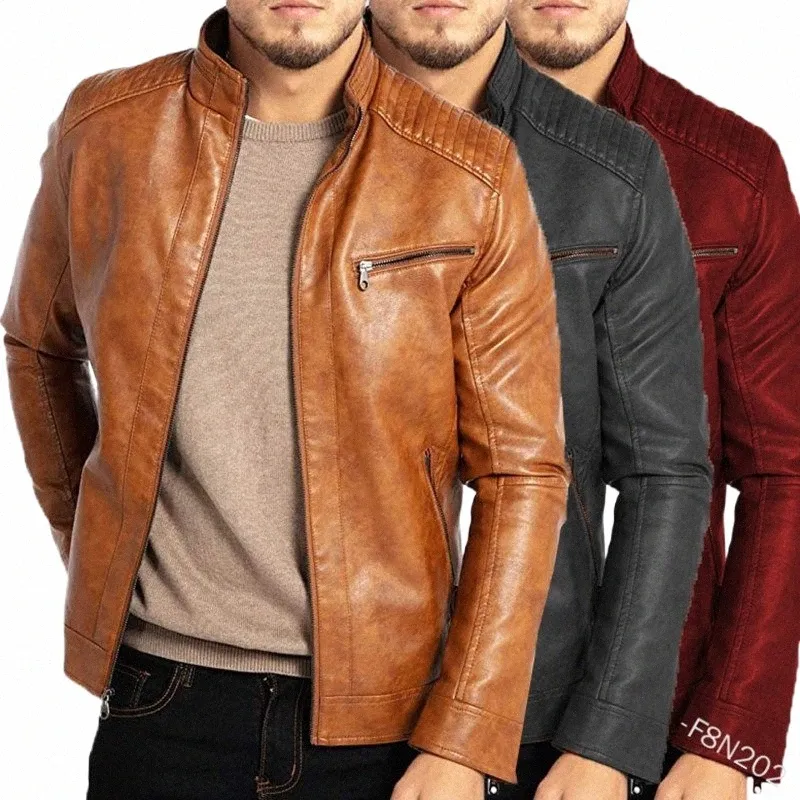 2023new fi European and American men's PU leather coat male teenagers stand-up collar punk men's motorcycle leather jacket s3k2#