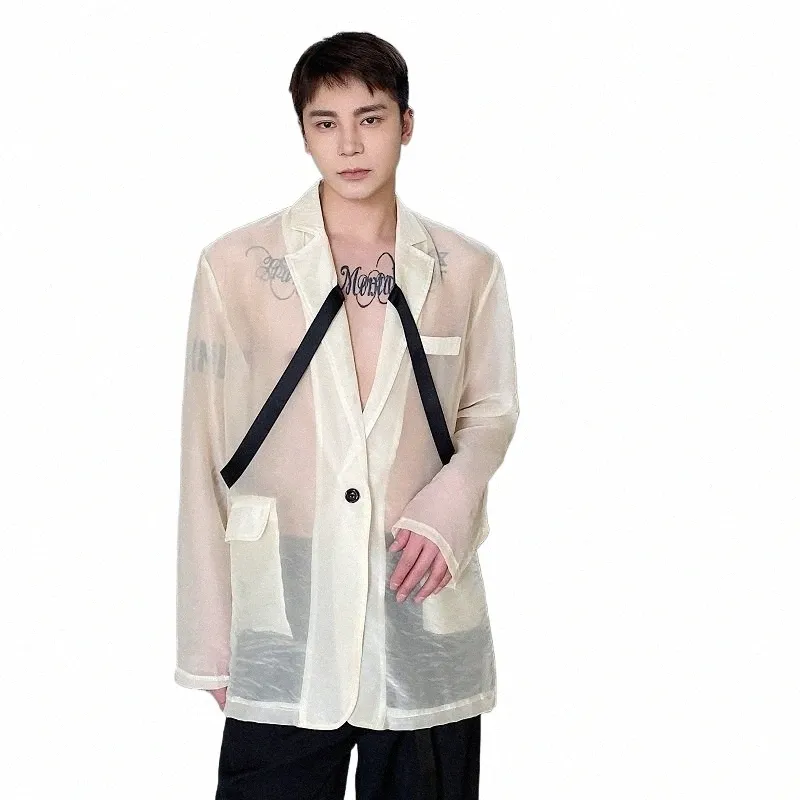 Men's Organza Ultra-thin See Through Hooded Blazer Jacket with