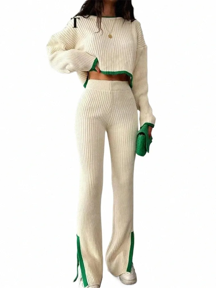 Realeft осень-зима комплекты женских комплектов из 2 предметов вязаный спортивный костюм свитер с круглым вырезом и широкие спортивные штаны женские костюмы 2023 87qA #