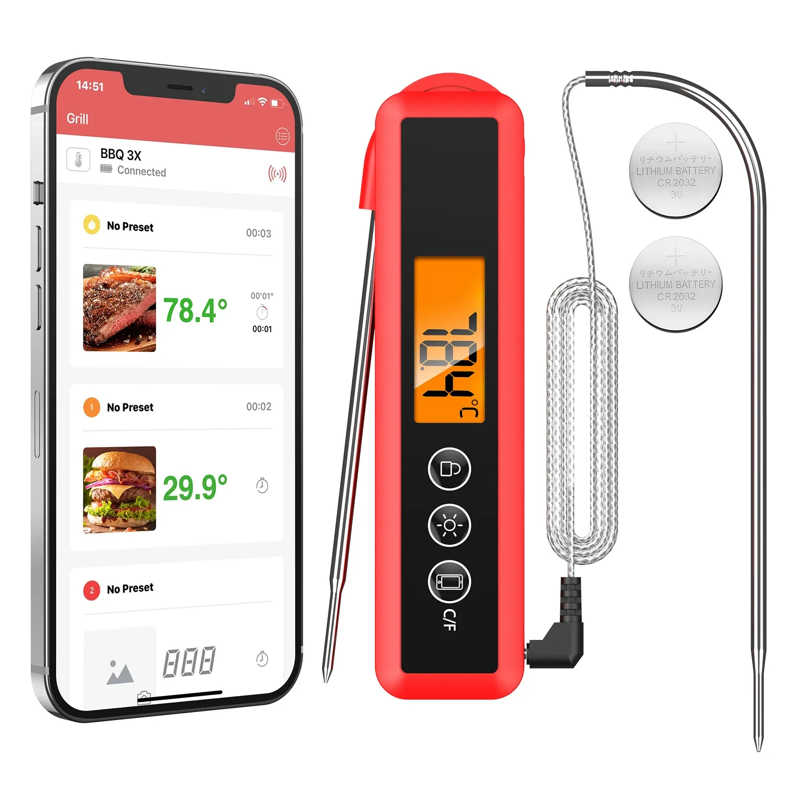 Göstergeler Oria Kablosuz Pişirme Termometresi Barbekü Biftek Sıcaklık Meat Meat Mutfak BluetoothCompatible Termometre Barbekü Aksesuarları