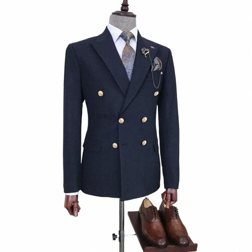 2024 Costumes bleu marine pour hommes Double boutonnage Peak Revers Formel Busin Tenues 2 pièces Veste Pantalon Casual Terno Vêtements masculins l6YS #