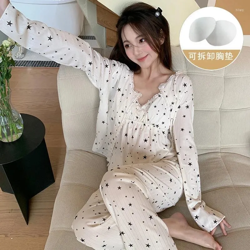 Hause Kleidung 2024 Frühling Herbst 3PCS Langarm Baumwolle Pyjama Sets Für Frauen Koreanische Sexy Nachtwäsche Anzug Pyjama Homewear pijama Mujer