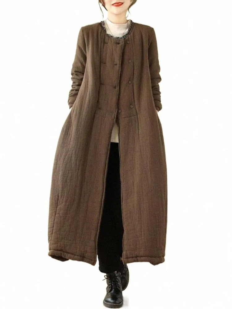 Style ethnique Cott Vêtements d'hiver littéraire rétro lâche décontracté tempérament polyvalent épais double boutonnage Lg manteau g3wS #