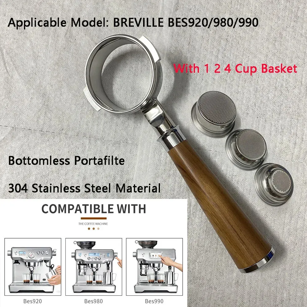 58mm dipsiz portafilter, breville için 1 2 4 su bardağı sepeti ile 920/980/990 paslanmaz çelik çıplak kahve kolu barista araçları 240313