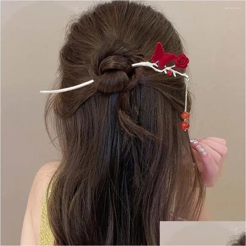 Hair Clips Barrettes Flocked Butterfly Rose Stick Cheongsam Hanfu Sticks For Buns Chinese Red Headwear Flower Tassel Handmade Hairpin Othwb