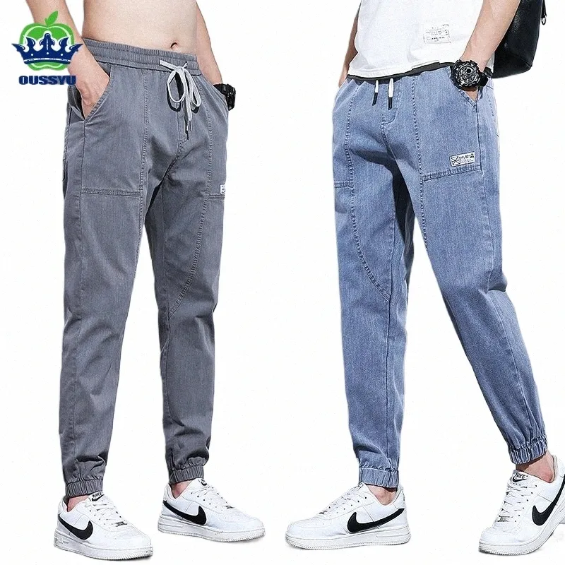 2024 Autumn Men's Jeans Jogger Thin Harem Pants Cott Banded Pant Korea Style Light Blue Hip Hop Beam Feet Casual Trousers Male O8fh#