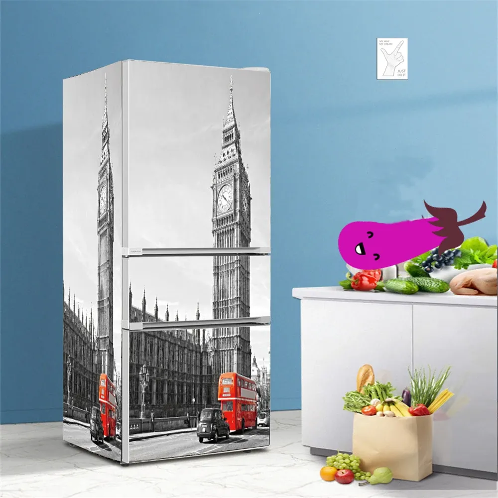Klistermärken brittisk vintage bil kylskåp klistermärken dörr täcker kylskåp tapet stor klocka dekoration vinyl selfadhesive frysfilm wrap