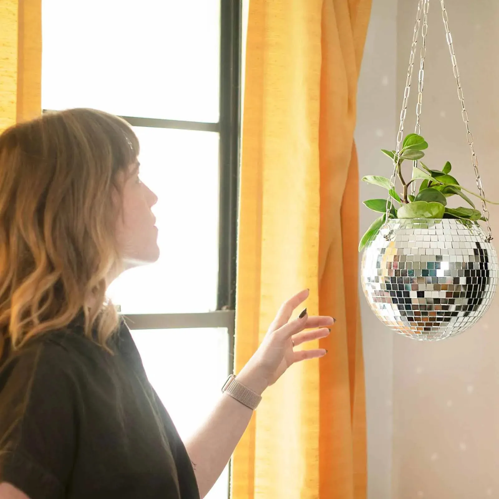 Disco Ball Planteur Globe Forme Miroir Suspendu Vase Pots De Fleurs Cintre Corde Suspendu Panier Style Bohème Jardin Décor Vase 240318