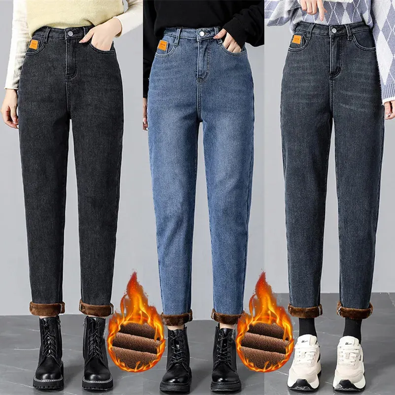 Kvinnliga termiska harem jeans vinter snö varm stretch baggy jeans lady plus storlek 4xl byxor studenter mamma fleece utanför byxor 240318