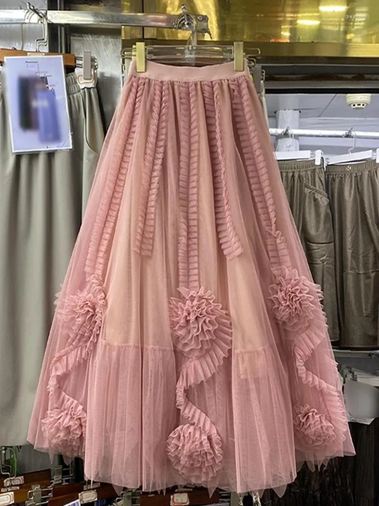 Spódnice francuskie eleganckie kobiety elastyczne 3d kwiatowy Jupe tiulowa żeńska mejr faldas mesh spódnica damskie ubrania ubrania