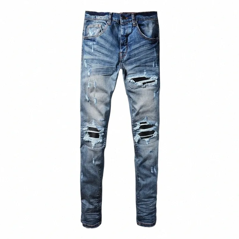 Jeans da uomo High Street Fi Jeans retrò blu elasticizzati skinny fit Jeans strappati da uomo in pelle nera con patch di marca Hip Hop