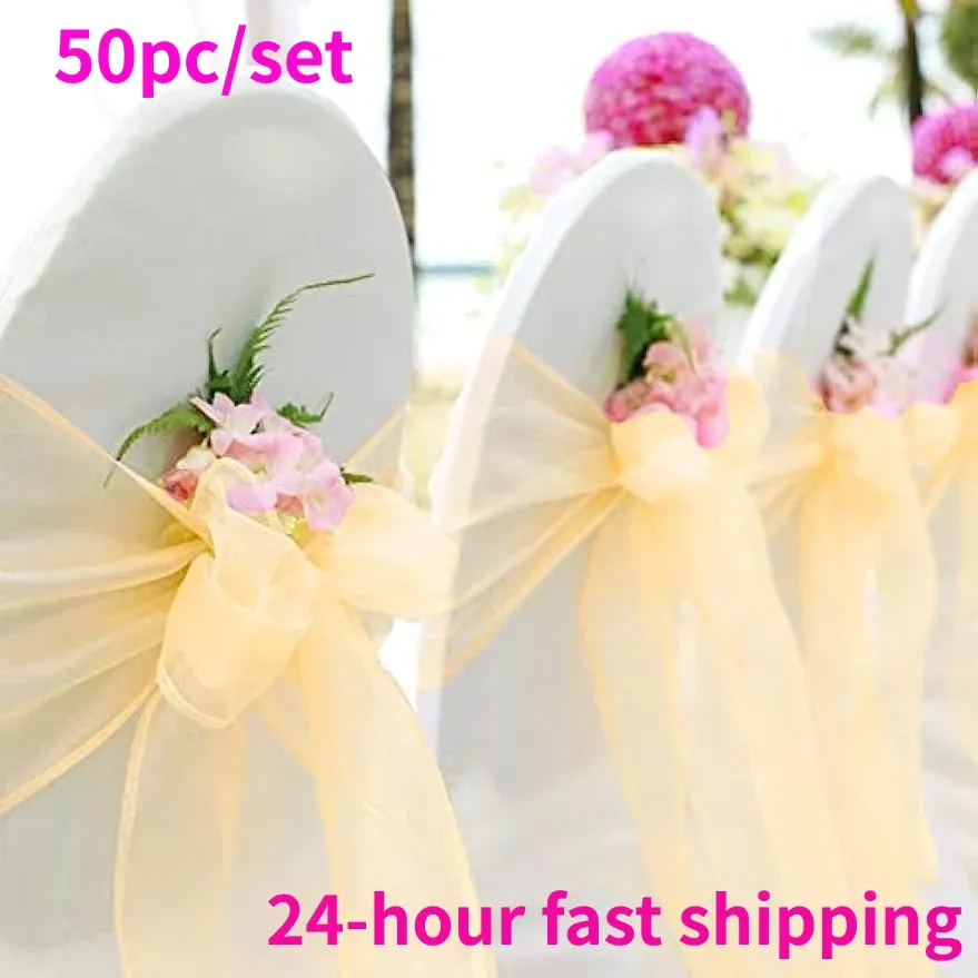 SASHES 25st/Lot Wedding Chair Chair Decoration Organza Chair Sashes Knot Bands Stol Bows For For Wedding Party Banquet Event Chair Decors