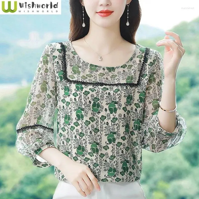 Damesblouses Westerse stijl bedrukt chiffon overhemd Lente/zomer Koreaans Modieus Ronde hals Losvallend en leeftijdsverlagend