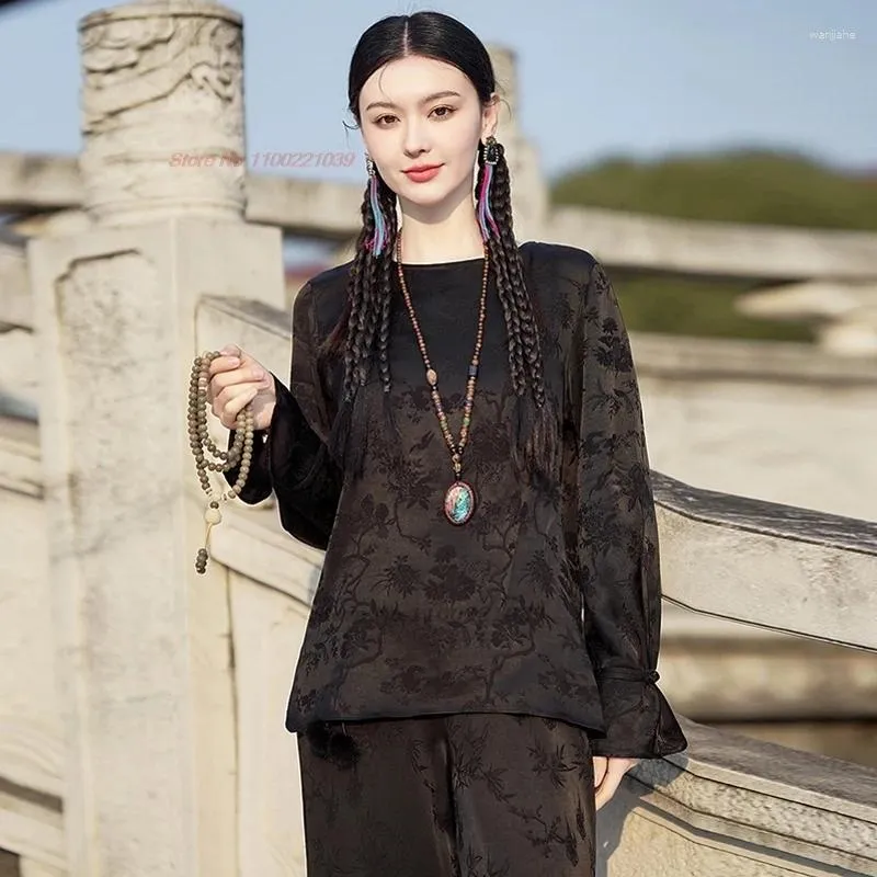 Ubranie etniczne 2024 Tradycyjne chińskie kobiety Hanfu Tops National Satin Jacquard O-Neck Bluzka Elegancka retro tang garnitur vintage folk